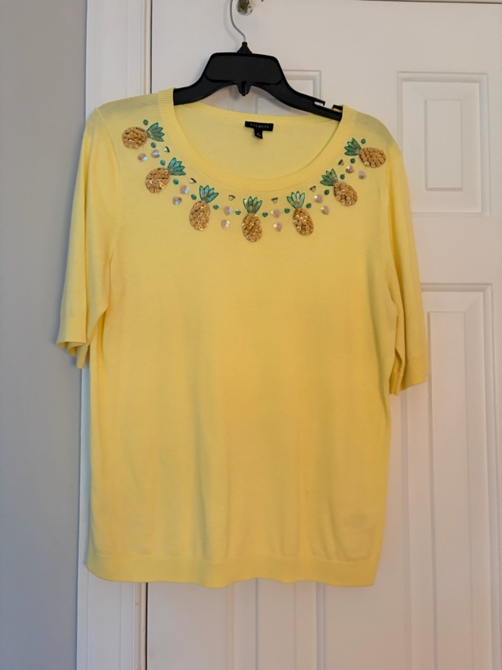 Talbots Yellow Crewneck Sweater with Pineapple Embellishments